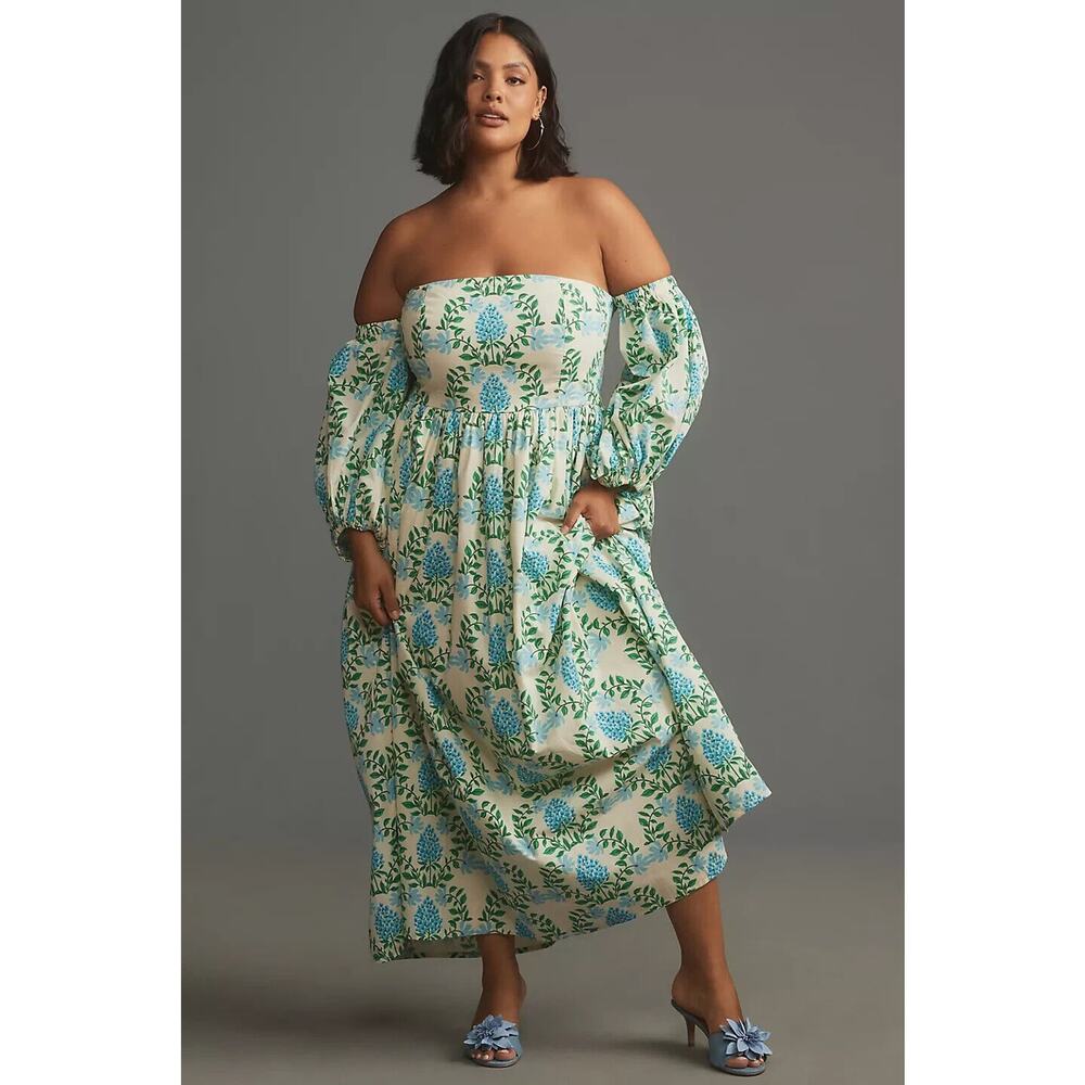 Anthropologie Cream Maxi Dress with Blue and Green Floral Print